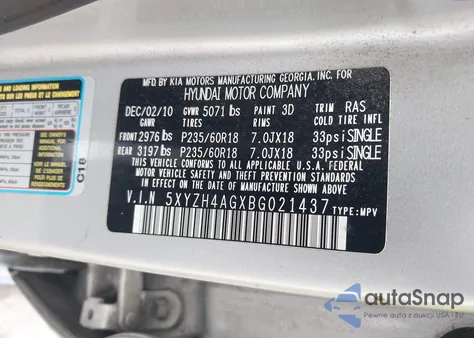 2011 Hyundai Santa Fe Se z USA, uszkodzony, nr VIN 5XYZH4AGXBG021437